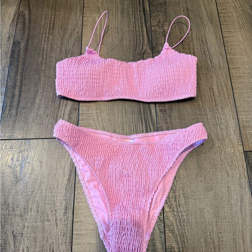 Kittenish Pink Smocked Bikini Set